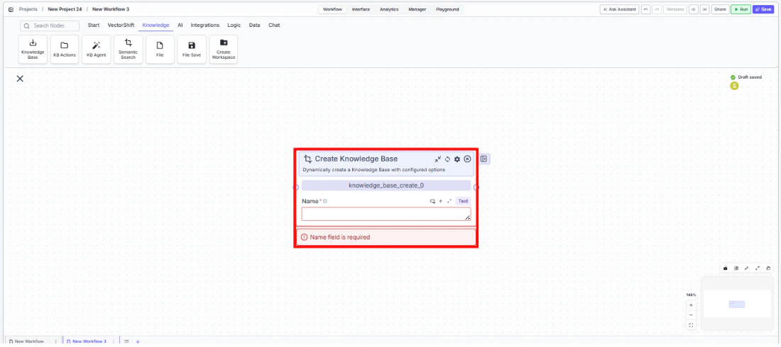 Create Knowledge Base node being dragged onto the canvas