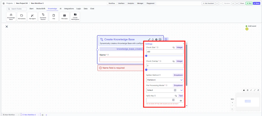 Create Knowledge Base node settings panel showing Name, Chunk Size, Chunk Overlap, Splitter Method, and other configuration options