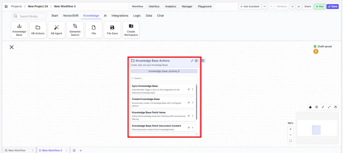 Node palette showing the Knowledge category with KB Actions submenu