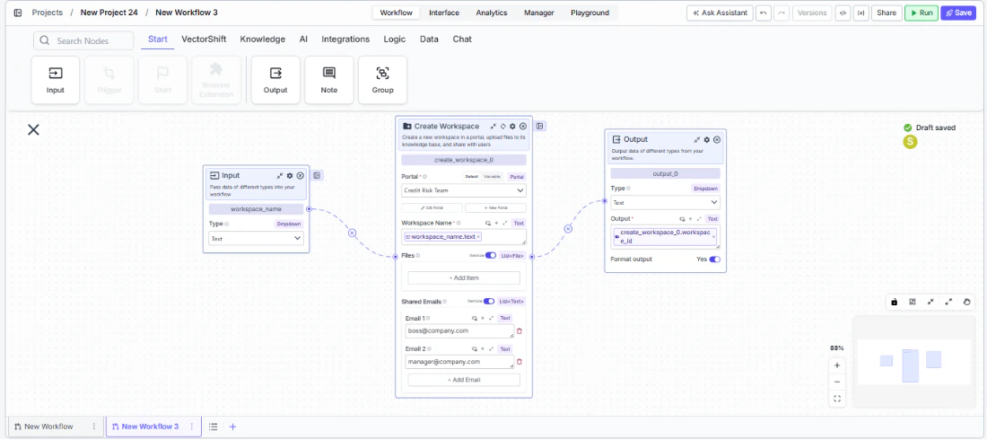 Create Workspace node connected to upstream and downstream nodes on the canvas