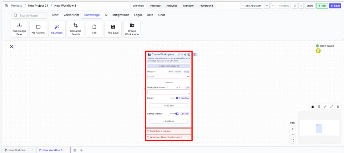 Create Workspace node being dragged onto the canvas
