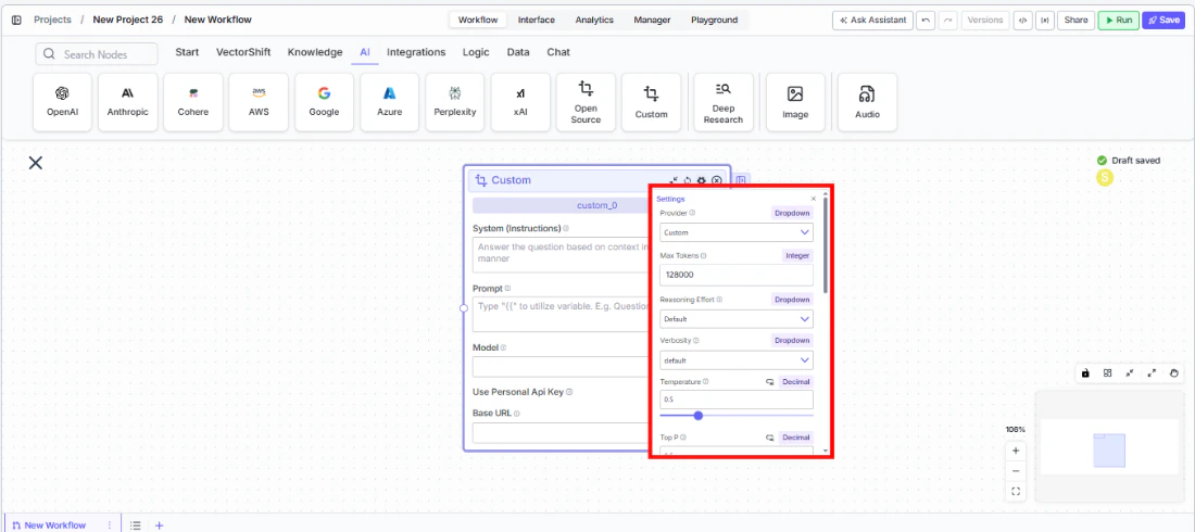 Custom node settings panel