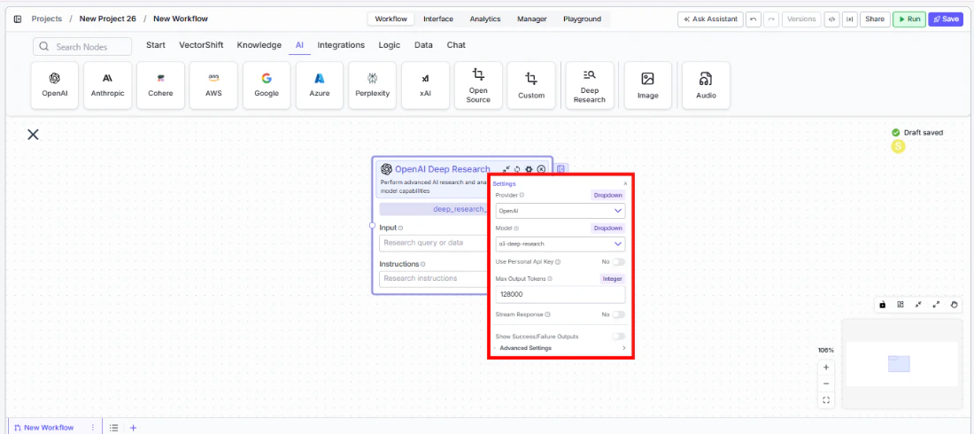 Deep Research node settings panel