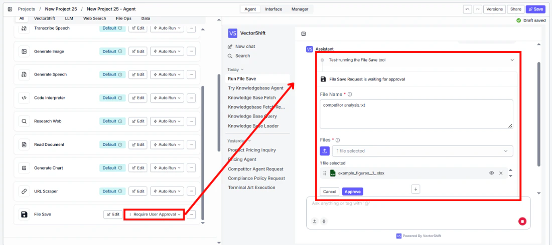 File Save tool requiring user approval, showing the file name and files fields in the approval dialog