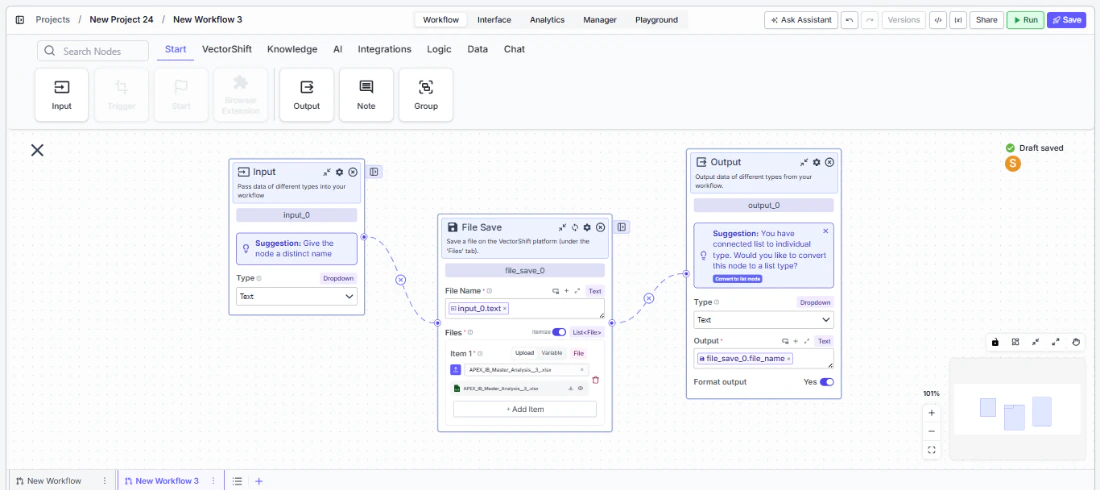 File Save node connected to upstream and downstream nodes on the canvas