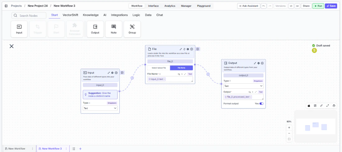 File node connected to upstream and downstream nodes on the canvas