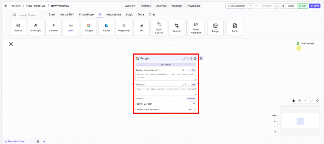Google node being dragged onto the canvas