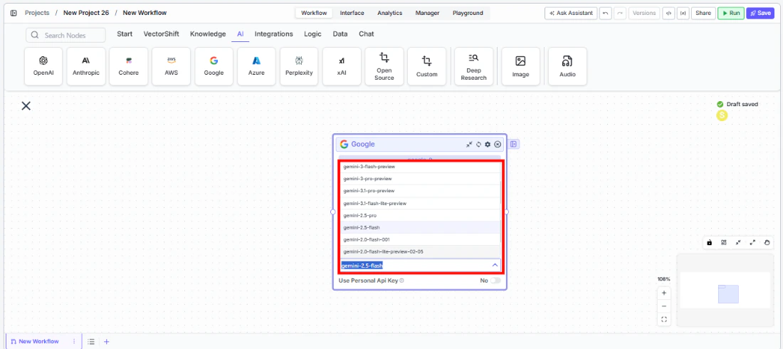 Google node showing the Model dropdown