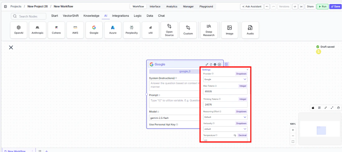 Google node settings panel