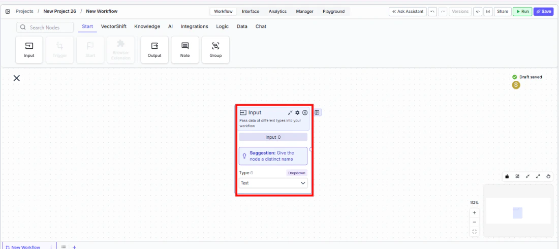 Input node being dragged onto the canvas from the Start tab
