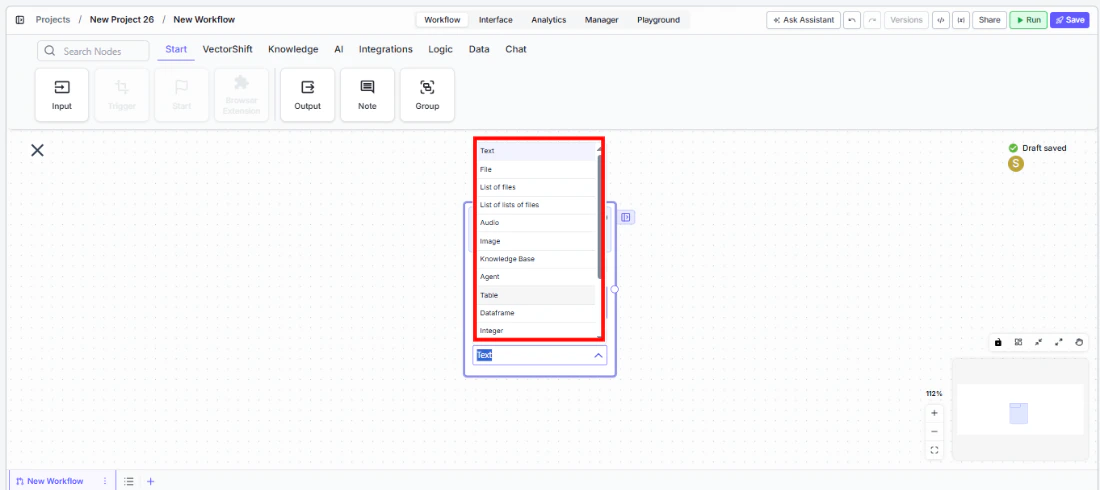 Input node showing the Type dropdown with available data types