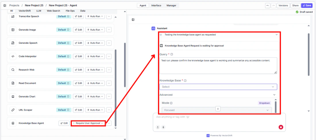 Knowledge Base Agent tool requiring user approval
