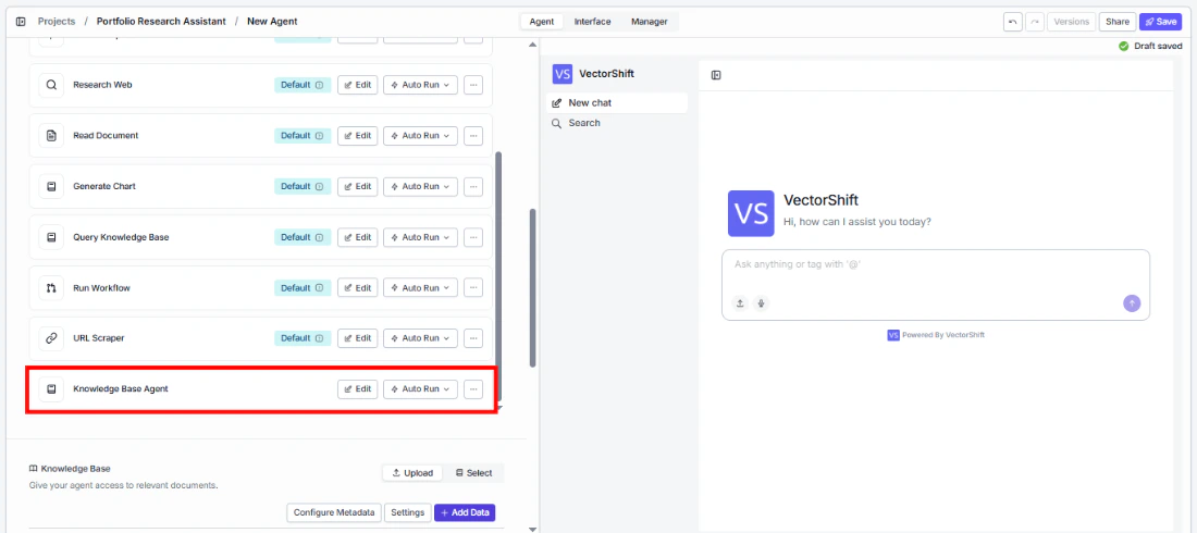 Agent tool panel showing Knowledge Base Agent tool in the tool list