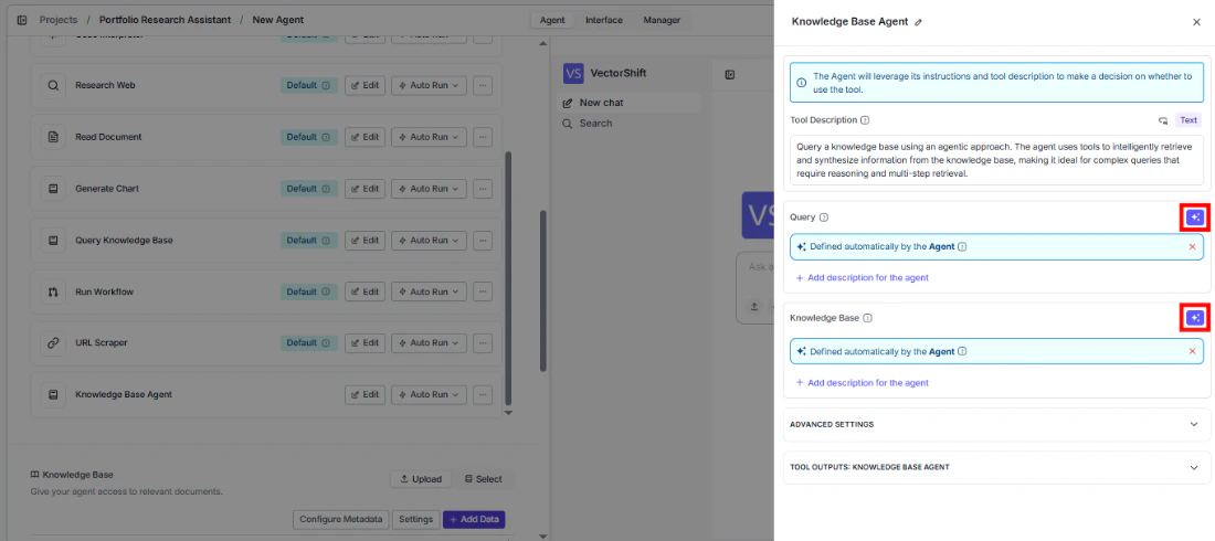 Knowledge Base Agent tool configuration showing fields with sparkle icon to toggle between dynamic and static values