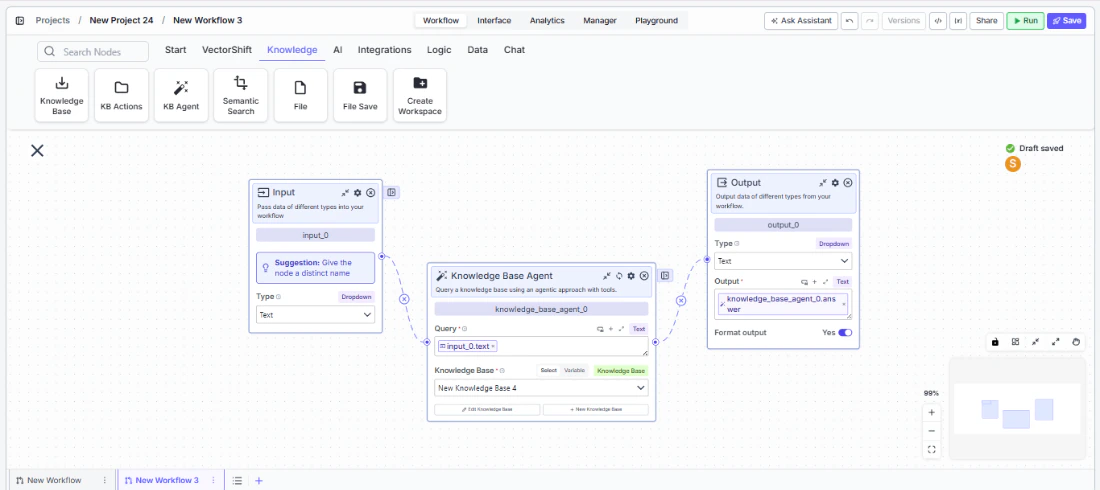 Knowledge Base Agent node connected to upstream and downstream nodes on the canvas