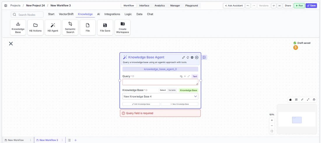 Knowledge Base Agent node being dragged onto the canvas
