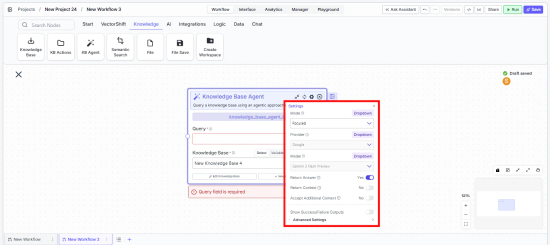 Knowledge Base Agent node settings panel showing Query, Knowledge Base, Mode, and other configuration options