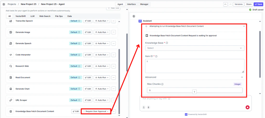 Knowledge Base Fetch Document Content tool requiring user approval