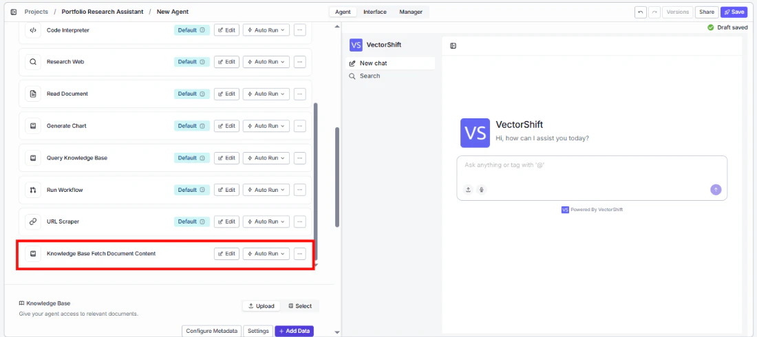 Agent tool panel showing Knowledge Base Fetch Document Content tool in the tool list