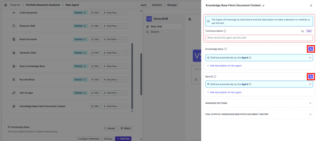 Knowledge Base Fetch Document Content tool configuration showing fields with sparkle icon to toggle between dynamic and static values