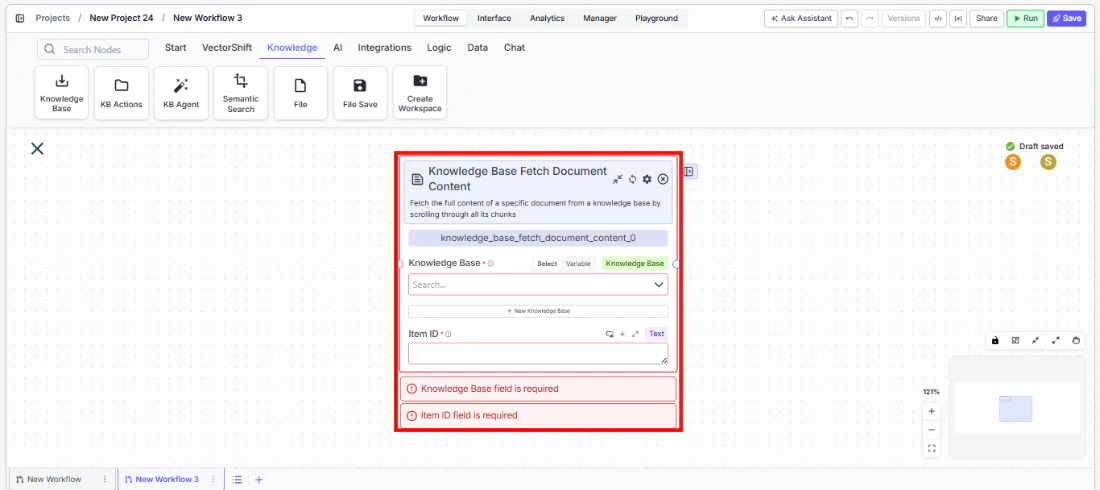 Knowledge Base Fetch Document Content node being dragged onto the canvas