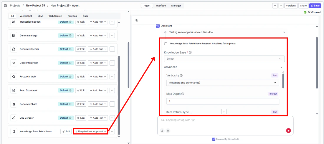 Knowledge Base Fetch Items tool requiring user approval