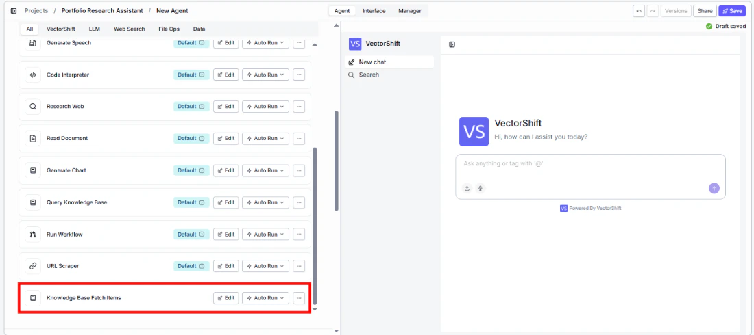 Agent tool panel showing Knowledge Base Fetch Items tool in the tool list