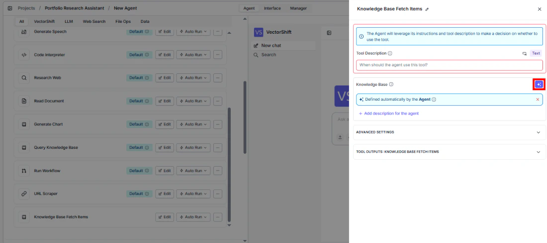 Knowledge Base Fetch Items tool configuration showing fields with sparkle icon to toggle between dynamic and static values