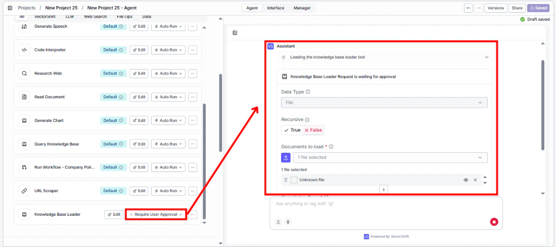 Knowledge Base Loader tool requiring user approval