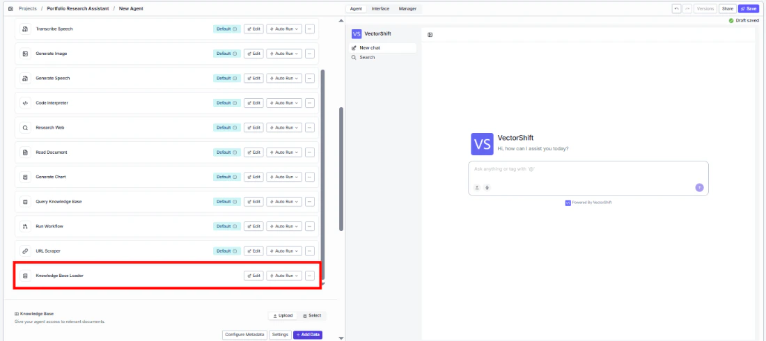 Agent tool panel showing Knowledge Base Loader tool in the tool list