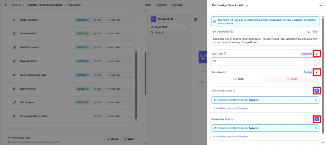 Knowledge Base Loader tool configuration showing fields with sparkle icon to toggle between dynamic and static values