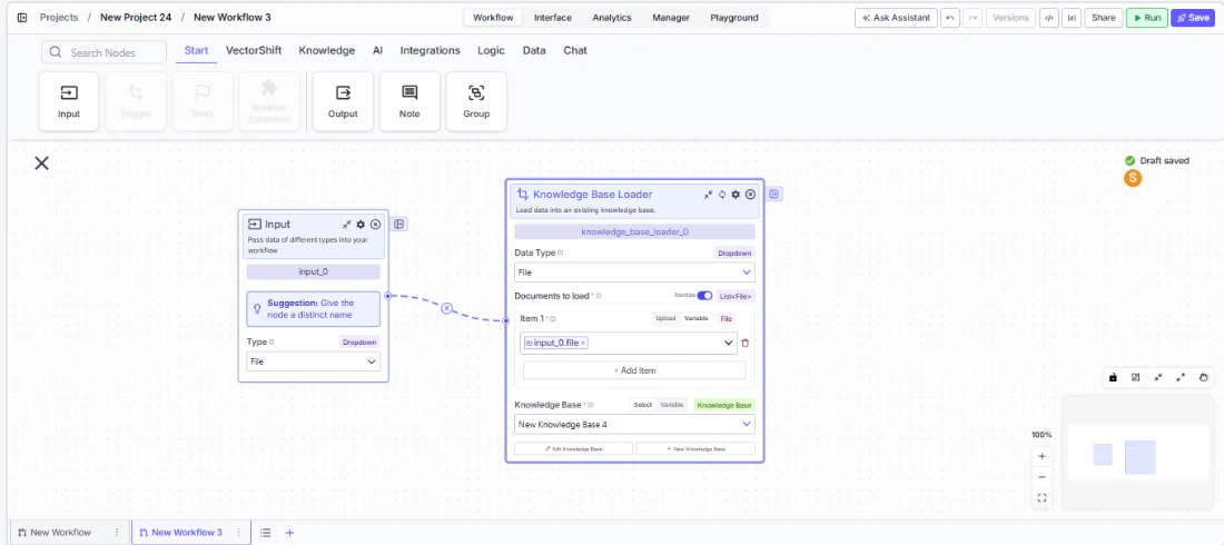 Knowledge Base Loader node connected to upstream nodes on the canvas