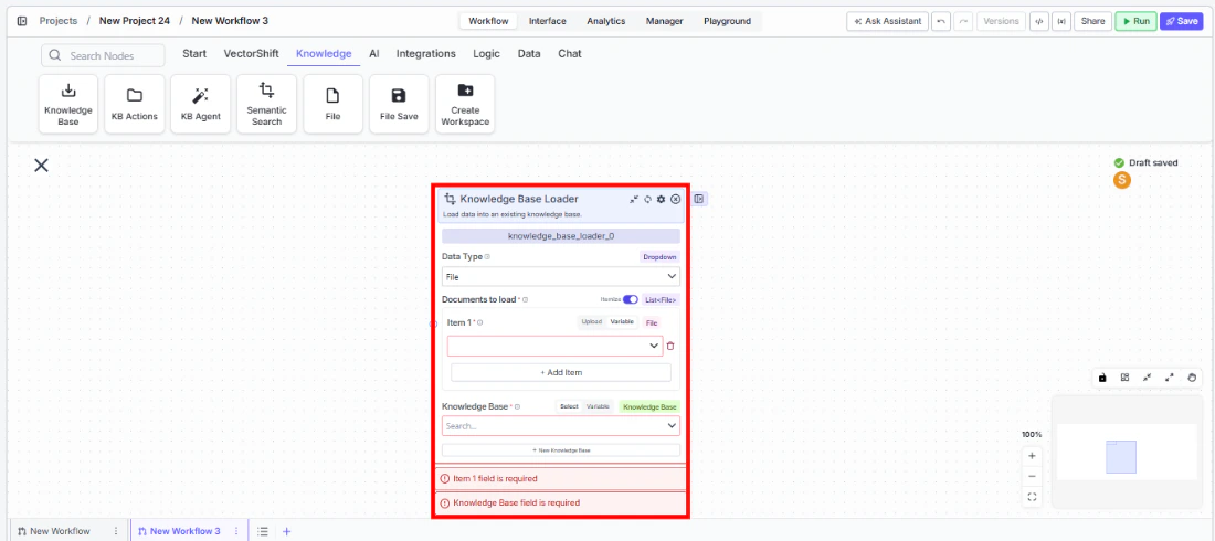 Knowledge Base Loader node being dragged onto the canvas