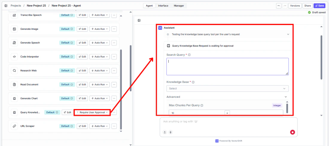 Query Knowledge Base tool requiring user approval, showing the search query and knowledge base fields in the approval dialog