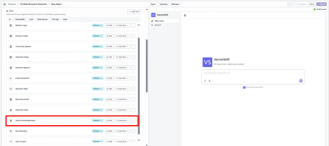 Agent tool panel showing the Query Knowledge Base tool in the tool list