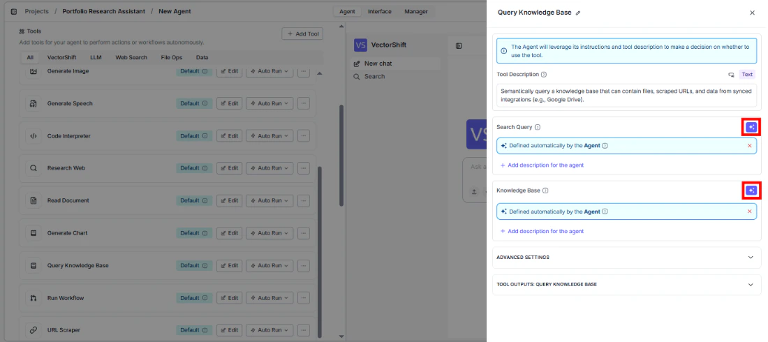 Query Knowledge Base tool configuration panel showing Search Query and Knowledge Base fields with sparkle icon to toggle between dynamic and static values