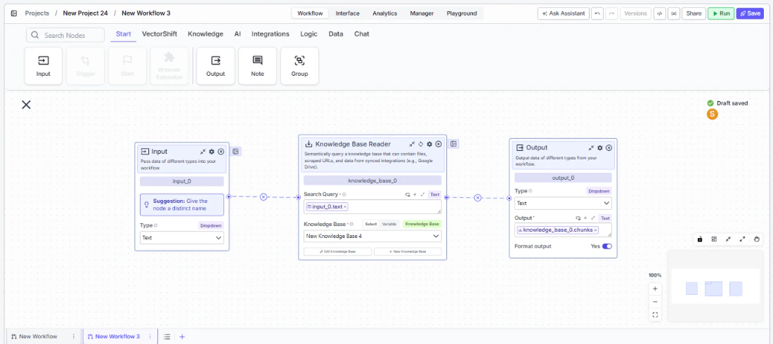 Knowledge Base Reader node connected to upstream and downstream nodes on the canvas