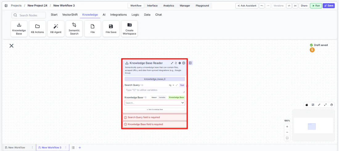 Node palette showing the Knowledge category with Knowledge Base Reader node being dragged onto the canvas