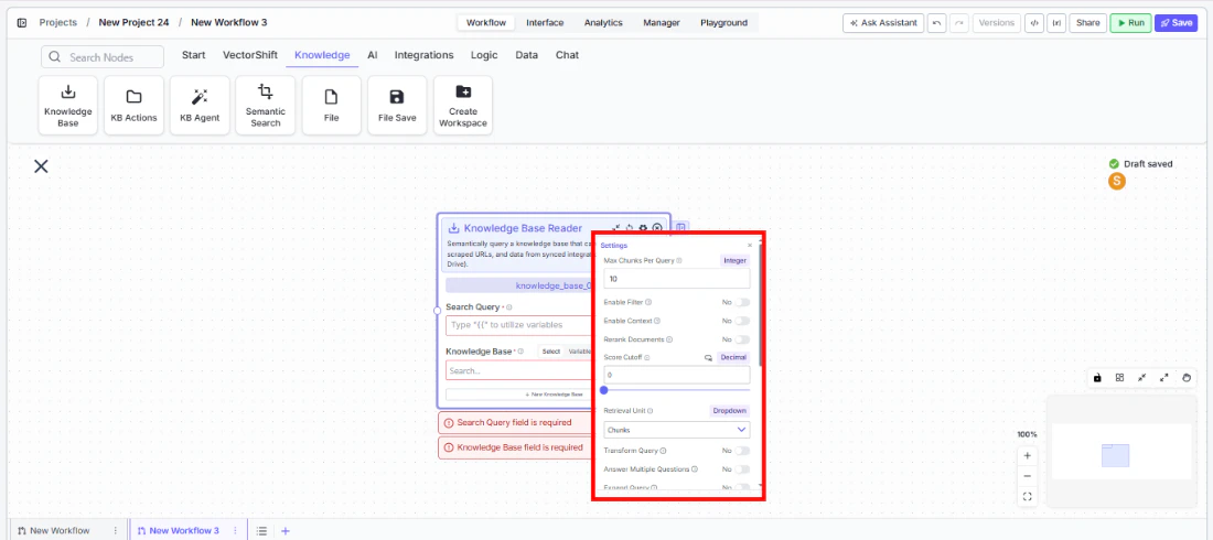 Knowledge Base Reader node settings panel showing Search Query, Knowledge Base selection, and configuration options