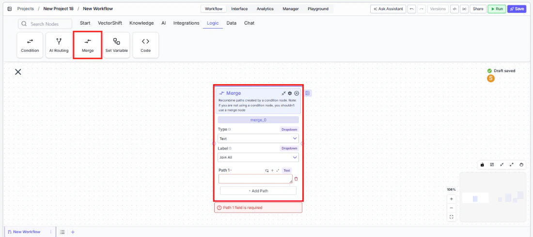 Workflow node palette showing the Logic tab with Merge option