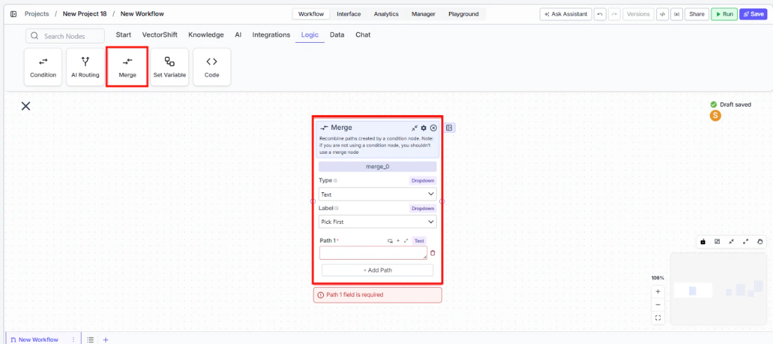 Workflow node palette showing the Logic tab with Merge option