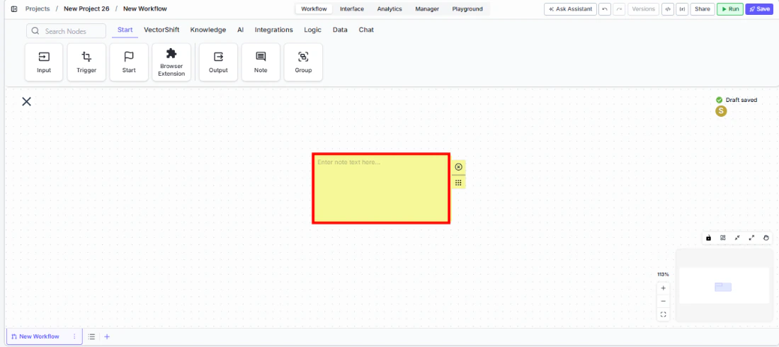 Note element on the canvas showing the Start tab with Note option
