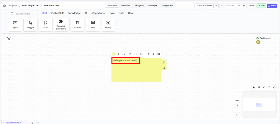 Note element with text entered