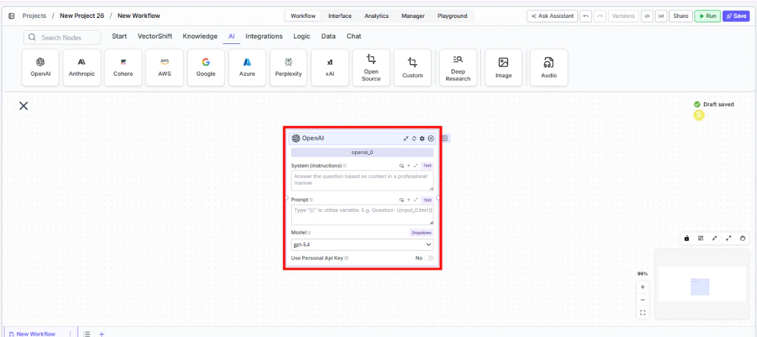 OpenAI node being dragged onto the canvas from the AI category