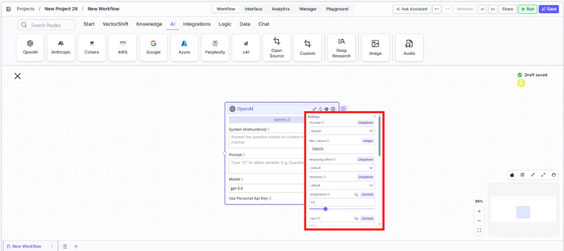 OpenAI node settings panel showing token limits, temperature, and other configuration options