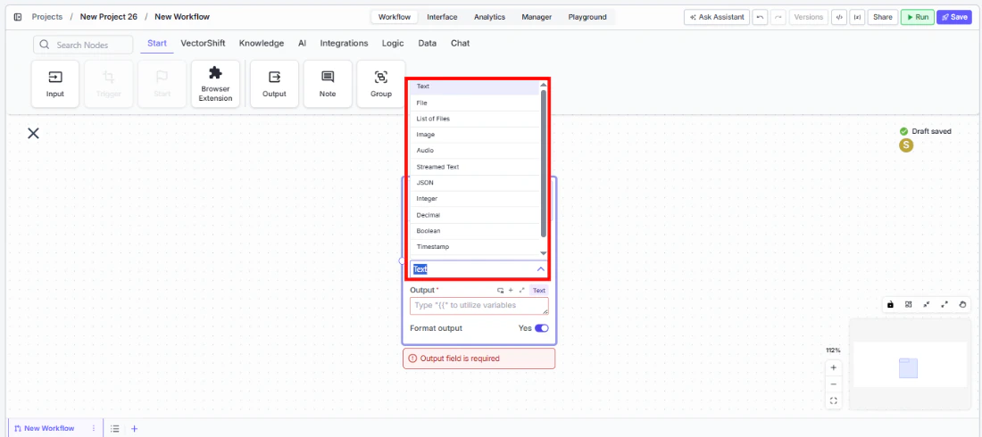 Output node showing the Type dropdown with available output types