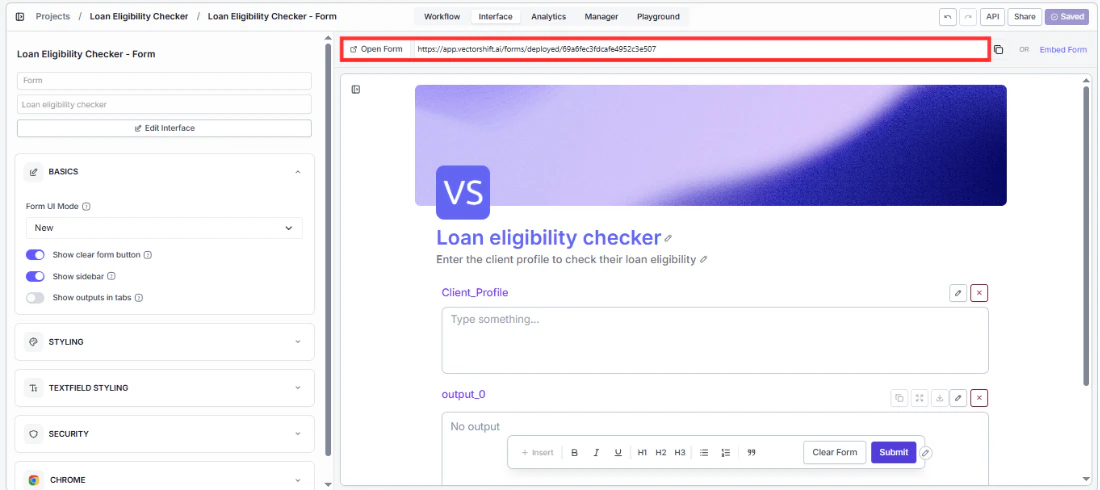 Form editor top bar showing Open Form button, deployed URL, copy icon, and Embed Form button