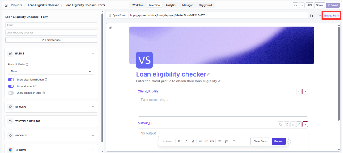 Form editor with Embed Form button highlighted