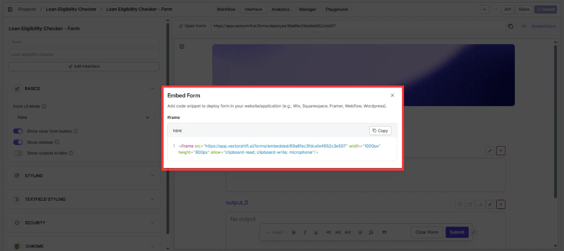 Embed Form dialog showing iframe HTML code snippet with Copy button