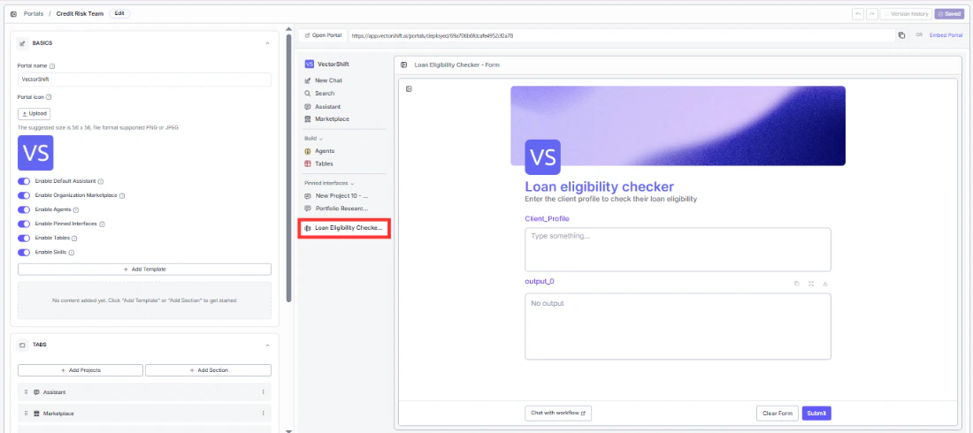 Portal editor showing Basics panel, portal sidebar with Pinned Interfaces, and form preview